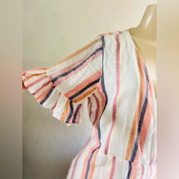 Express Cotton Blend Stripe Ruffle Wrap Dress in Cream Pink Size Medium - Picture 5 of 13